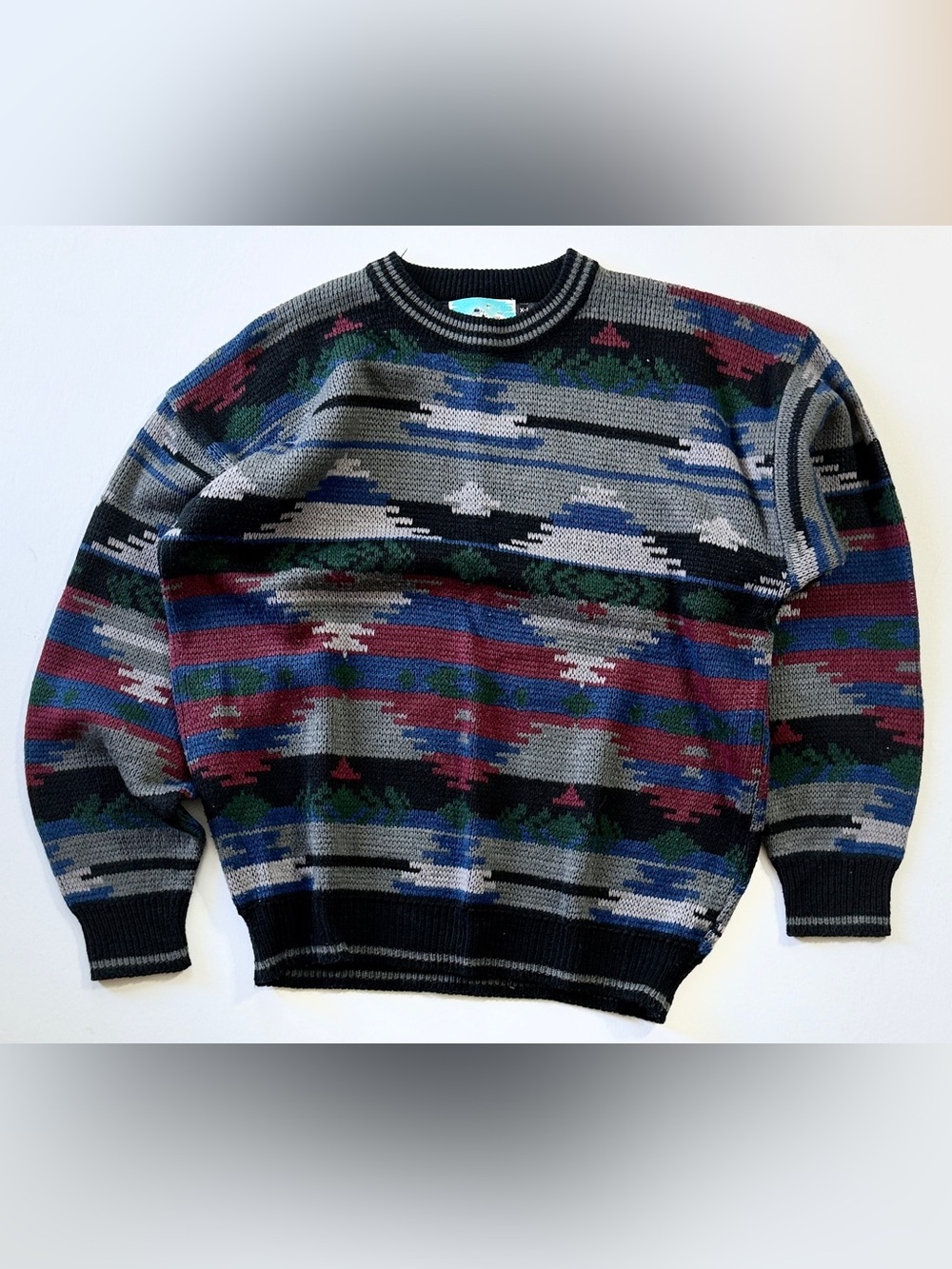 BOTANY 500 knit sweater XL southwestern Pine Lake Reflection '80s digital sunset